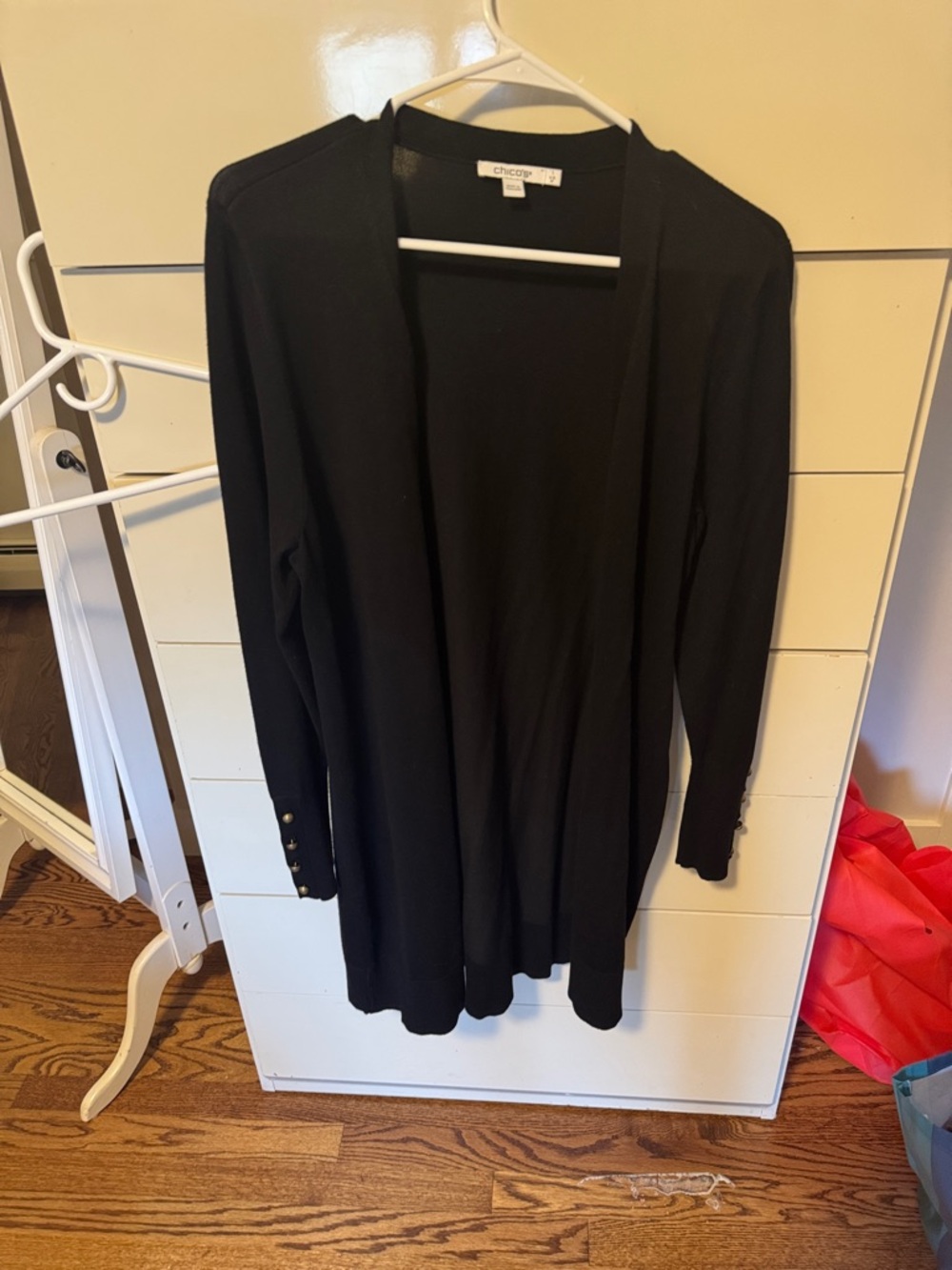 Chico's Black Long Open-Front Cardigan with Button-Cuff Detail